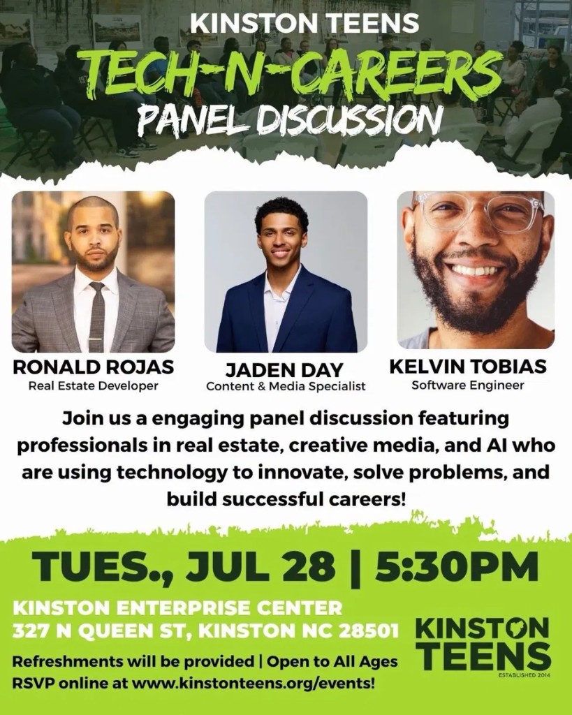 Kinston Teens Tech-n-Careers panel discussion flyer — July 28, 2026 at Kinston Enterprise Center