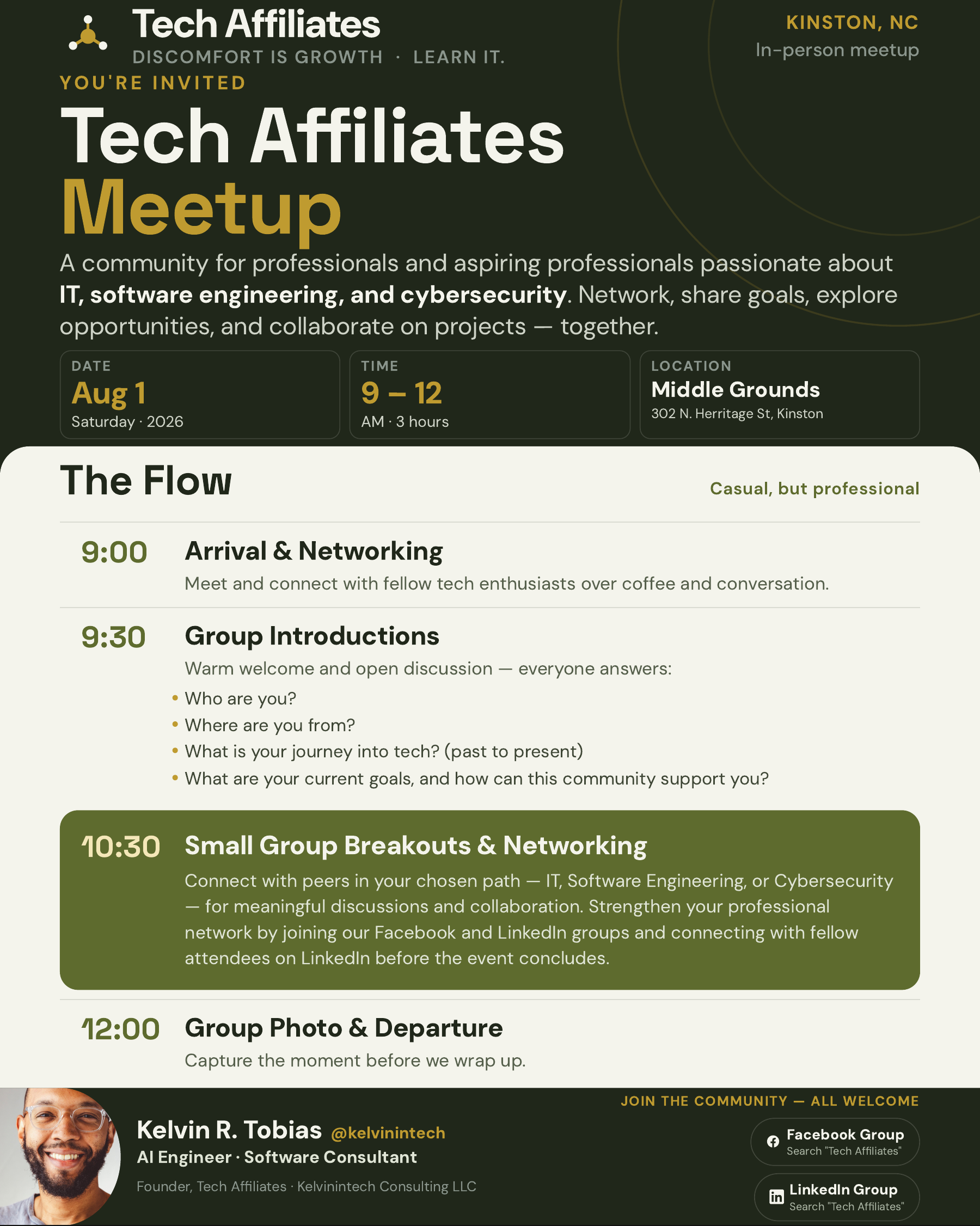 Tech Affiliates meetup flyer — August 1, 2026 at Middle Grounds, Kinston